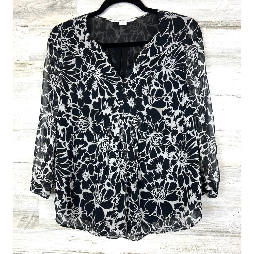 Diane Von Furstenberg Womens 0 Black White Lightweight Silk Designer Blouse Top